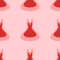 Seamless pattern of large isolated red flared dress symbols. The elements are evenly spaced. Vector illustration on light red background
