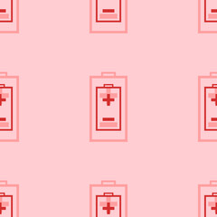 Seamless pattern of large isolated red battery symbols. The elements are evenly spaced. Vector illustration on light red background