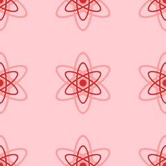Seamless pattern of large isolated red atomic symbols. The elements are evenly spaced. Vector illustration on light red background