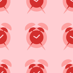 Seamless pattern of large isolated red alarm clock symbols. The elements are evenly spaced. Vector illustration on light red background