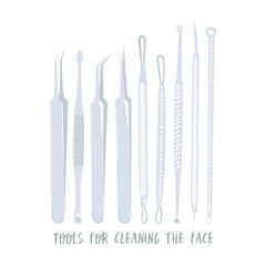 Flat vector cartoon illustration of various face cleaning tools. Tools for black spots and pimples on the face isolated on a white background. Concept of home care for problem skin.