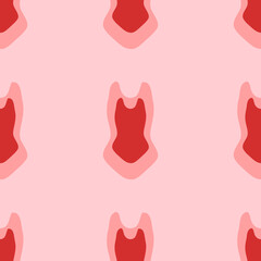 Seamless pattern of large isolated red one-piece swimsuit symbols. The elements are evenly spaced. Vector illustration on light red background