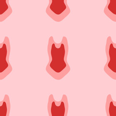 Seamless pattern of large isolated red one-piece swimsuit symbols. The elements are evenly spaced. Vector illustration on light red background
