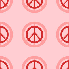Seamless pattern of large isolated red peace symbols. The elements are evenly spaced. Vector illustration on light red background