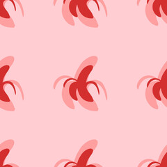 Seamless pattern of large isolated red peeled banana symbols. The elements are evenly spaced. Vector illustration on light red background