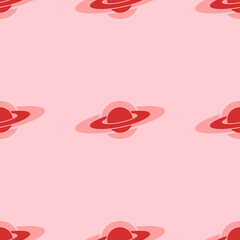 Seamless pattern of large isolated red saturn symbols. The elements are evenly spaced. Vector illustration on light red background