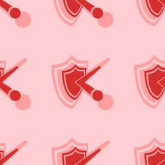 Seamless pattern of large isolated red ball bounces off the shield symbols. The elements are evenly spaced. Vector illustration on light red background