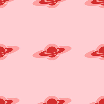 Seamless Pattern Of Large Isolated Red Saturn Symbols. The Elements Are Evenly Spaced. Vector Illustration On Light Red Background