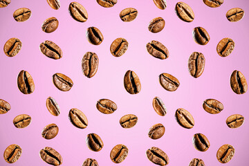 Seamless pattern of coffee beans on a pink background.
