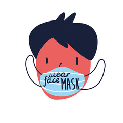 wear your mask lettering campaign with man using face mask flat style