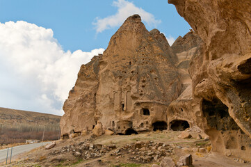 Ancient tuff stone cave Cathedral of Selime in Goreme Cappadocia