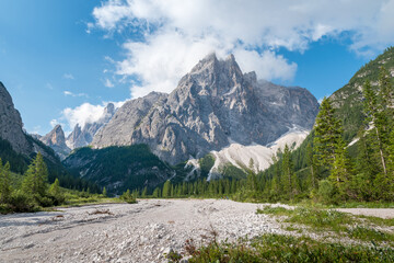 View into the valley Val Fiscalina in Sesto with the beautiful rock formations of the UNESCO World Heritage of the Dolomites mountains.