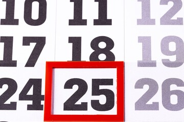 Close Close up view of calendar with selected date 25 December 2020. Christmas concept.