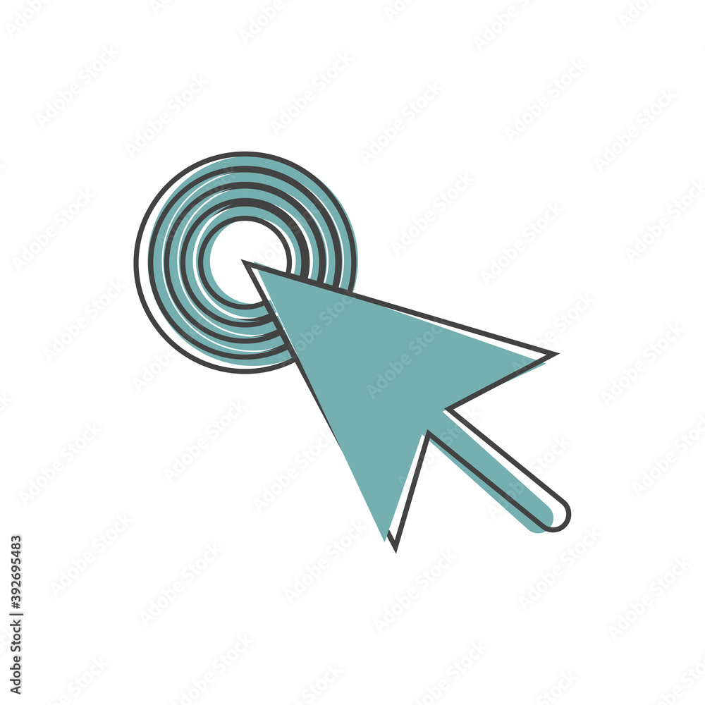 Poster arrow, the cursor pointing to the point. the cursor clicks on the button cartoon style on white isol