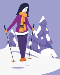 Girl standing on skis on the snow. Ski resort. Winter sports.