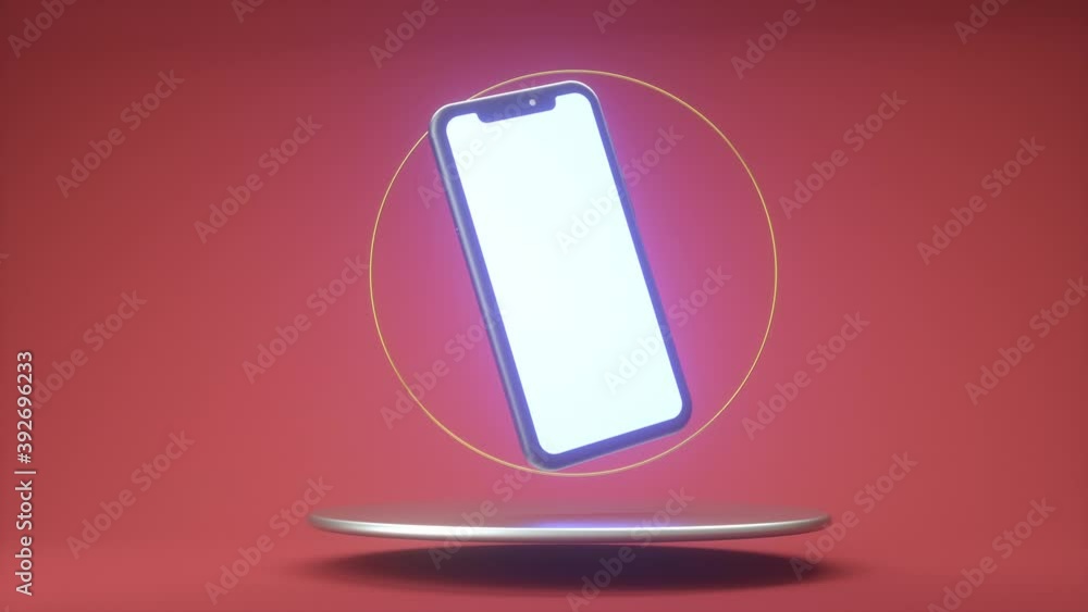 Poster 3d realistic render mobile phone with illuminated screen rotating in stand product presentation. 4k 