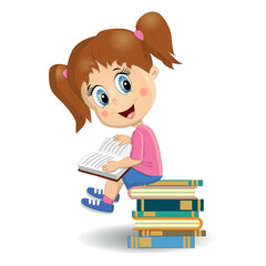 portrait of cute brunette girl reading book. Student learning illustration.