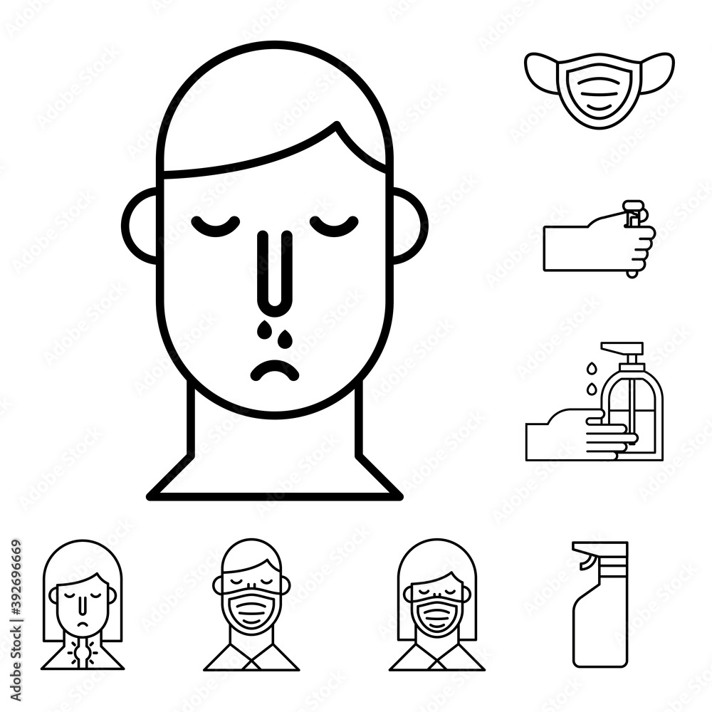 Poster man with flu and bundle of covid19 set icons