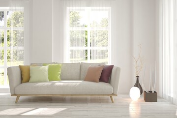 White living room with sofa and summer landscape in window. Scandinavian interior design. 3D illustration