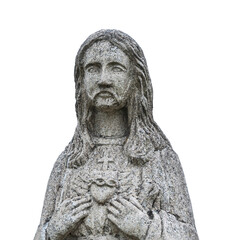 Obraz premium Ancient statue of Jesus Christ. He points a finger at his heart. White background (religion, faith concept)