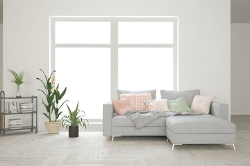 White living room with sofa. Scandinavian interior design. 3D illustration