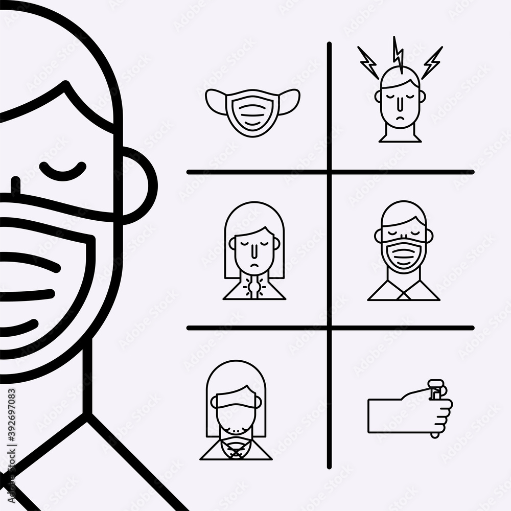 Poster man with face mask and bundle of covid19 set icons
