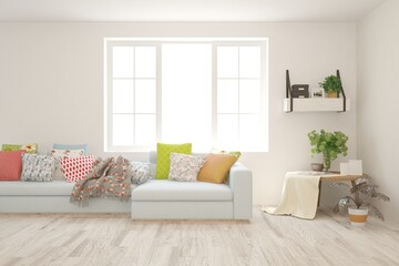 White living room with sofa. Scandinavian interior design. 3D illustration