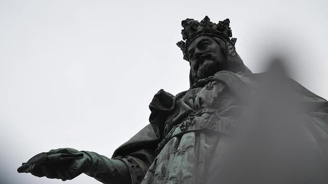Charles statue at Prague's Charles bridge. Close up.
High angle, parallax movement, slow motion, HD.