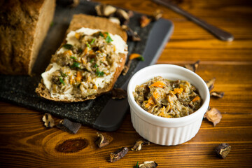 home cooked natural mushroom caviar from dried forest mushrooms