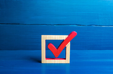 Red voting check mark on a blue background. Voting concept for democratic elections. Make the best...