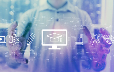 E-learning concept with young man holding his hands