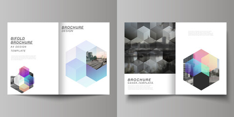 Vector layout of two A4 format cover mockups design templates with abstract shapes and colors for bifold brochure, flyer, magazine, cover design, book design, brochure cover.