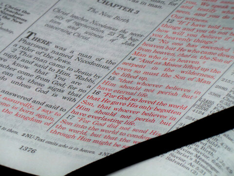 Close up of John 3:16 bible verse with bookmark