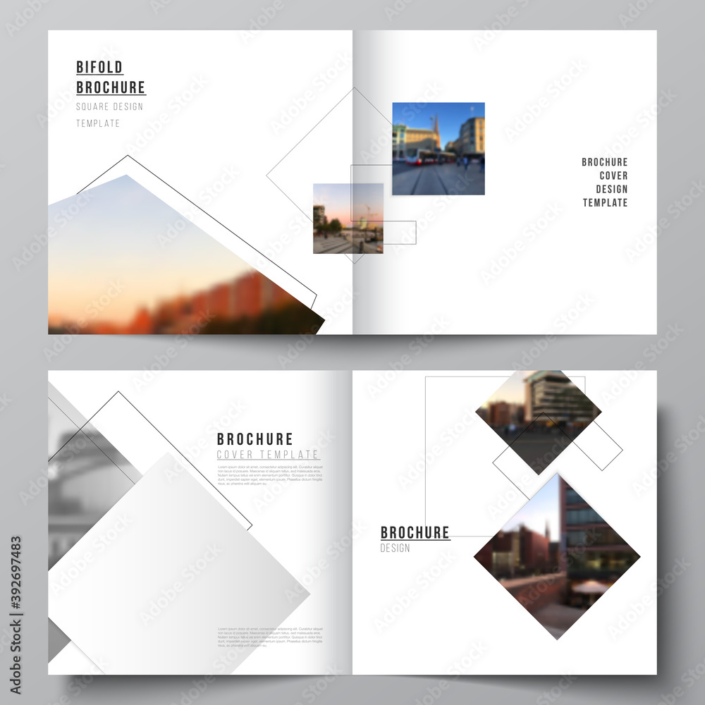 Poster vector layout of two covers templates with geometric simple shapes, lines and photo place for square