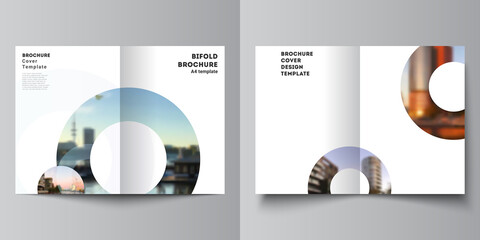 Vector layout of two A4 cover mockups templates for bifold brochure, flyer, magazine, cover design, book design. Background template with rounds, circles for IT, technology. Minimal style.