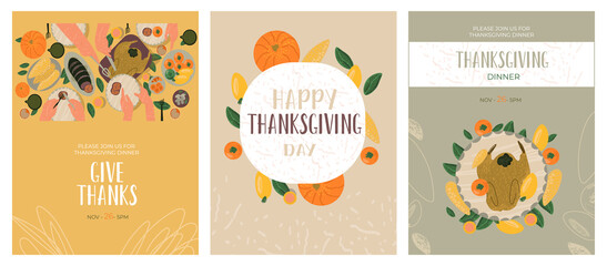 Thanksgiving greetings card and invitations. Celebrating thanksgiving day. Hand draw vector illustration in trendy style.
