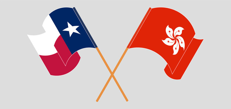 Crossed and waving flags of Hong Kong and the State of Texas