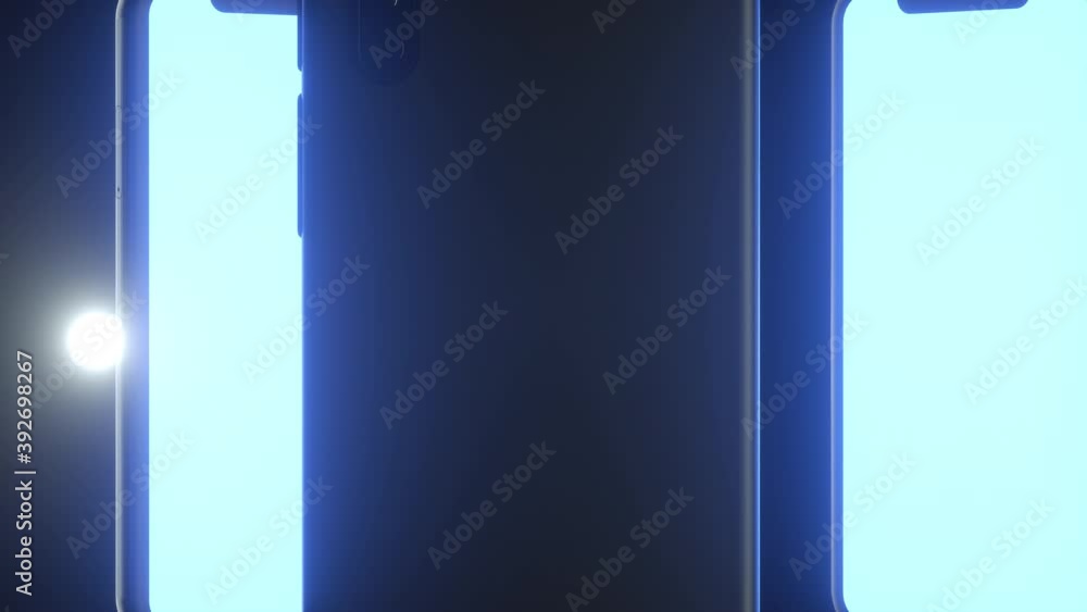 Poster five mobile phone with illuminated screen rotating. 3d realistic render animation