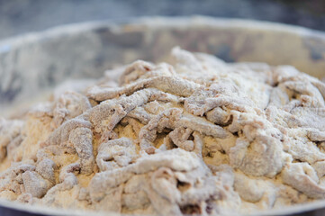 Uncooked marinated liver Turkish ciger  in the dish Edirne specials