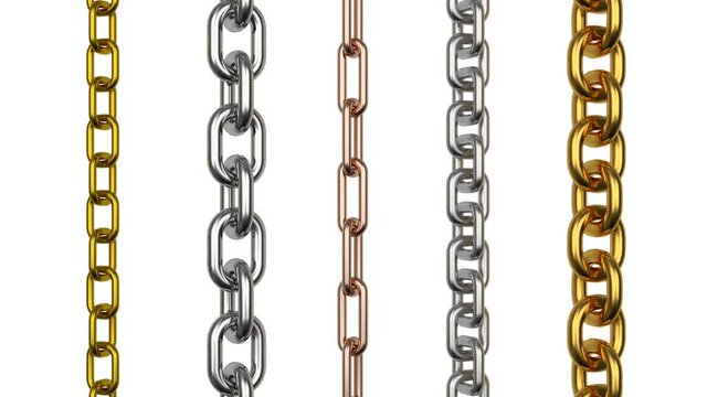 3D animation of various metal chains rotating isolated on a white background. Alpha channel. 4K resolution.