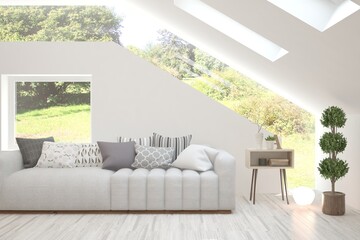White living room with sofa and summer landscape in window. Scandinavian interior design. 3D illustration