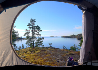 view from the tent to the lake