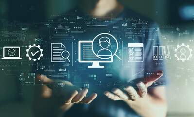 Document management system concept with young man in the night