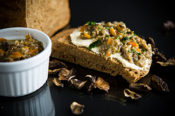 home cooked natural mushroom caviar from dried forest mushrooms