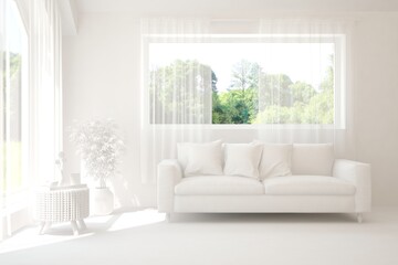 White living room with sofa and summer landscape in window. Scandinavian interior design. 3D illustration