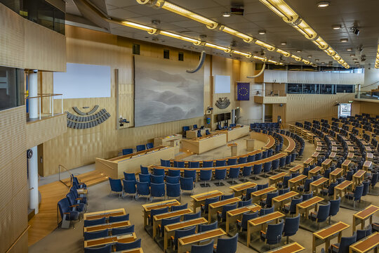 Interior of Parliament of Sweden (Sveriges riksdag). Seat of Riksdag is Parliament House (Riksdagshuset) on Island of Helgeandsholmen in central parts of Stockholm. Stockholm, Sweden. August 14, 2019.