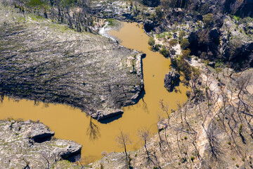 Aerial view of forest regeneration and a water reservoir in regional Australia