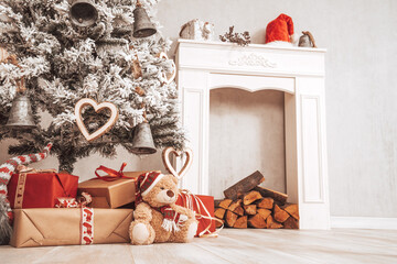 Xmas Weihnachten digitaler Hintergrund mit Weihnachtsbaum Kamin Geschenken Var. 2