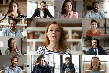 Focused young red-haired female employee leader holding video conference working call with happy...