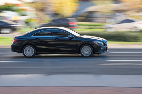 Ukraine, Kyiv - 11 November 2020: Black Mercedes CLA-Class car moving on the street